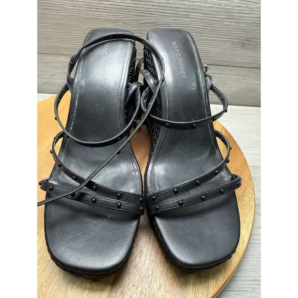 Marc Fisher Womens Zig Black Wedge Sandals Shoes 10 M